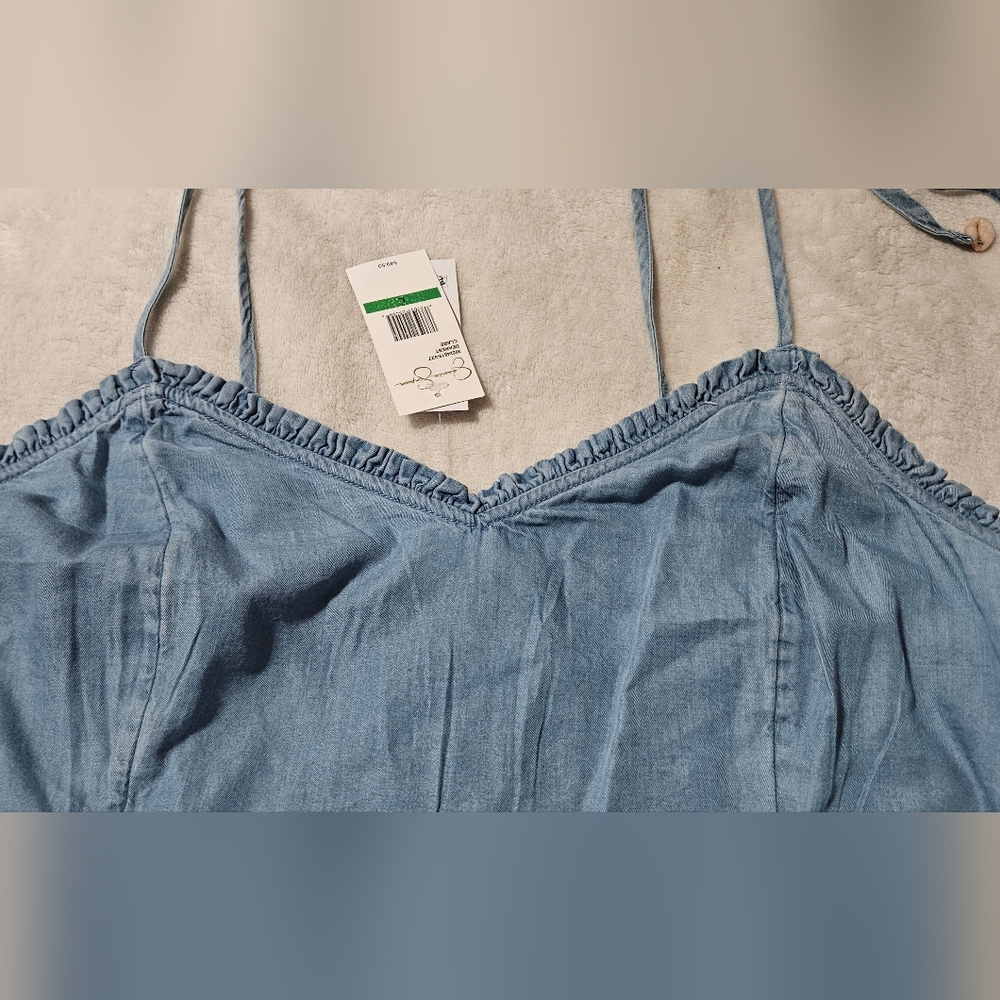 NWT Jessica Simpson Cropped Spaghetti Strap W/ Shell Detail Denim Top; Size L - Picture 4 of 12